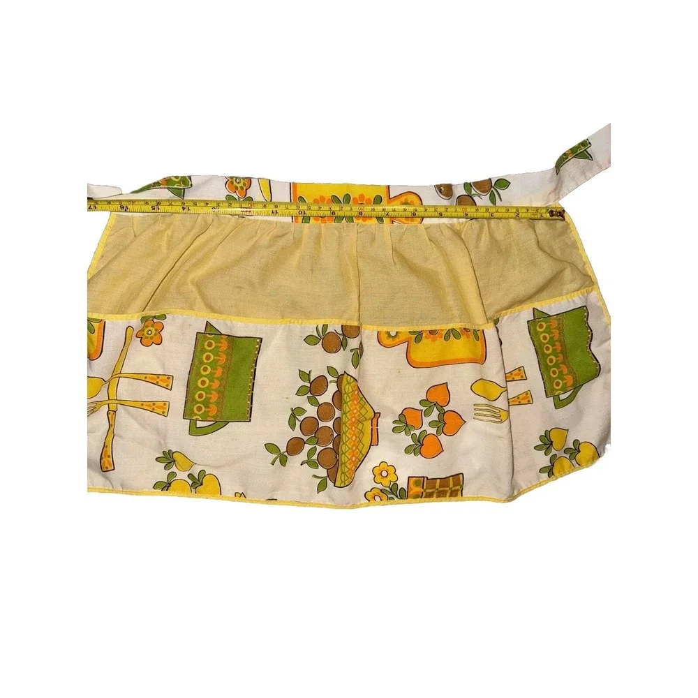 Vtg Half Apron Grannycore Retro Pocket Floral Fork Spoon Baking Kitchen Yellow